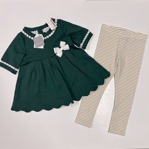 Tahari New WT Baby Toddler Girl Size 2T Outfit Leggings Blouse Dress Green Gold